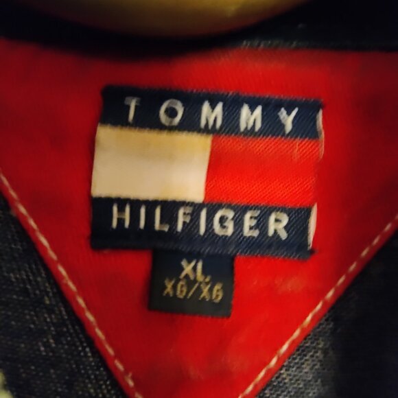 Tommy Hilfiger Vintage Mens XL Crew Denim Spell Out Logo Flag Jacket Jean Shirt - Picture 7 of 7